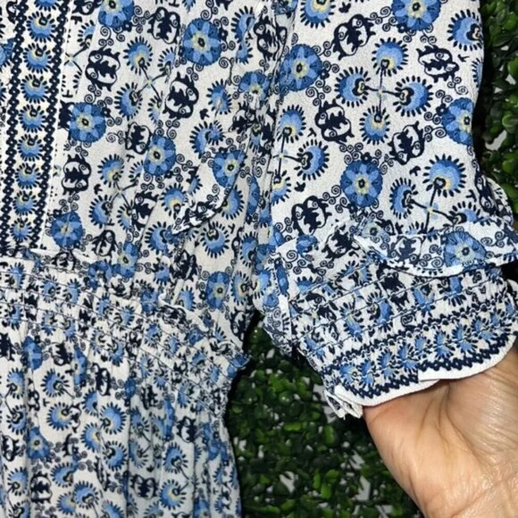 Max Studio Dress L VNeck Elbow Sleeve Boho Floral Print Tiered Maxi Flowy Casual - Picture 3 of 5